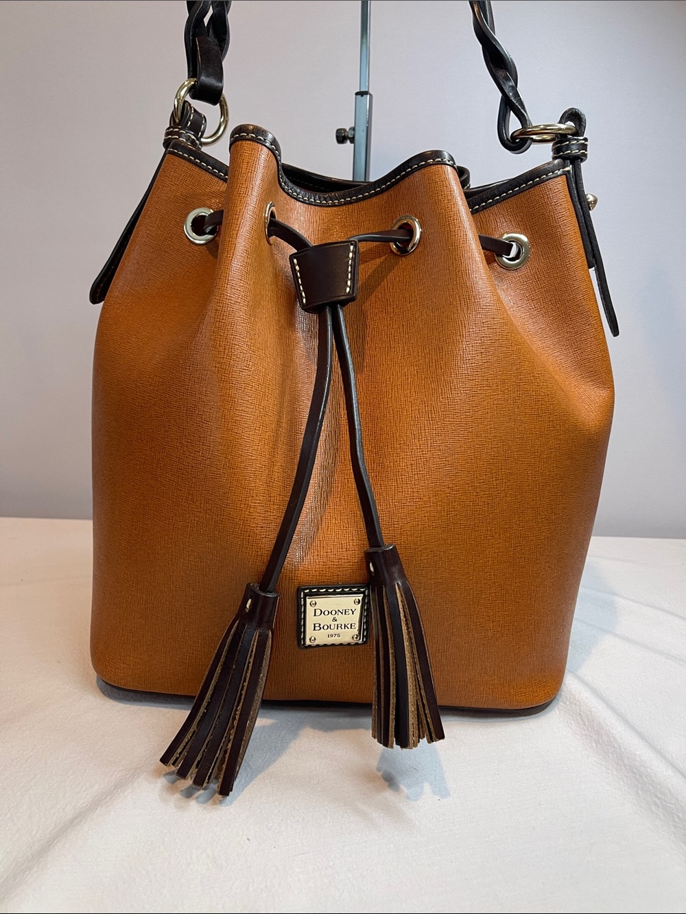 Dooney & Bourke Tasha Bucket Bag Cognac Crossgrain Leather Drawstring Tote